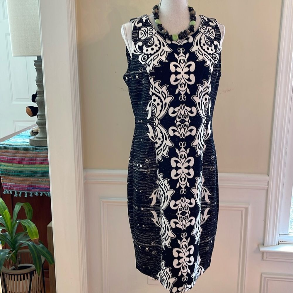 NYDJ Black and White Patterned Midi Dress